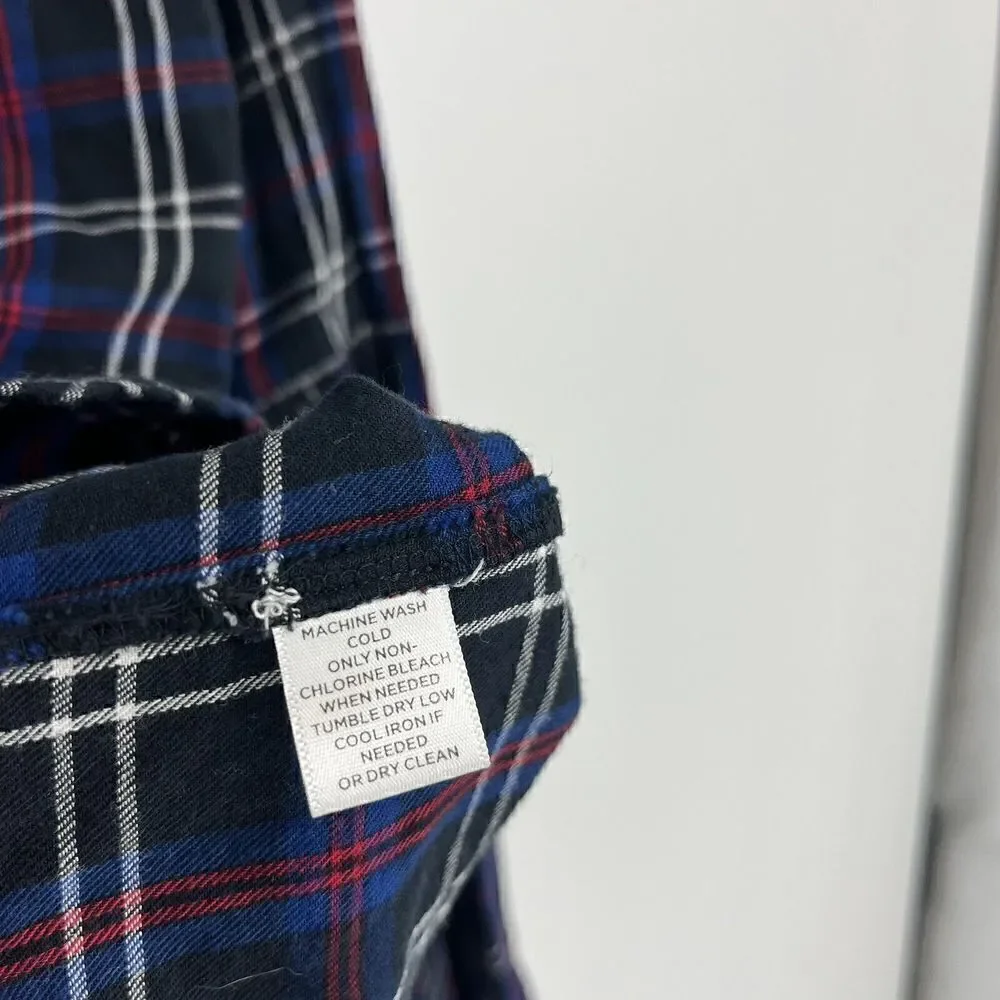 Loft Tunic Top Size Medium Blue Black Red Plaid Puff Sleeve Flannel Shirt V Neck